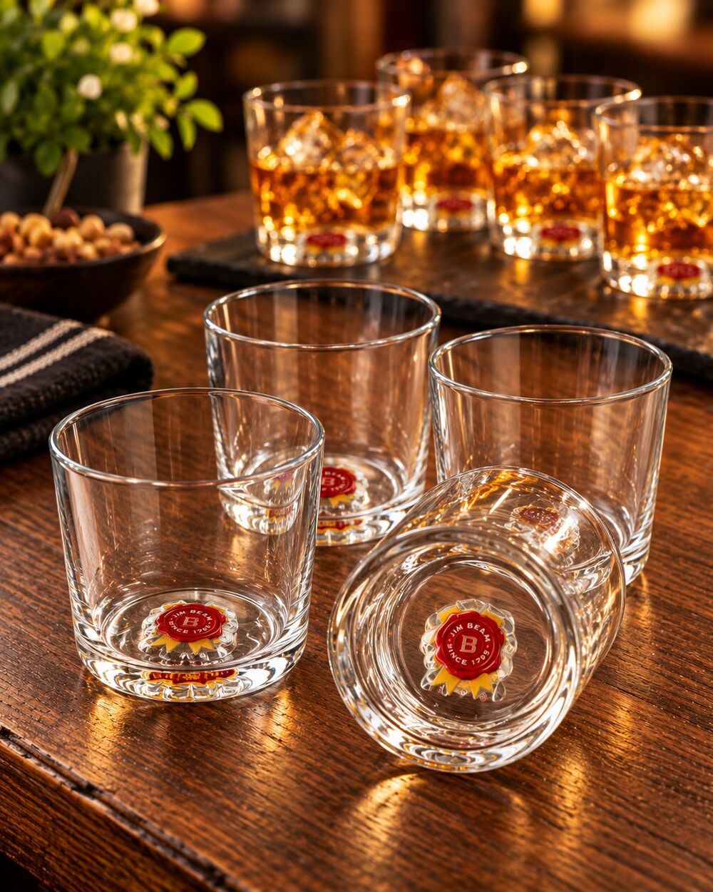 Jim Beam Whiskey Glasses Set of 4 Since 1795 Red Seal Rocks Tumblers